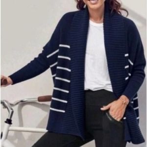 Athleta Stripe Cardigan Medium Blue White Peaceful Wrap Heavyweight Shawl Front